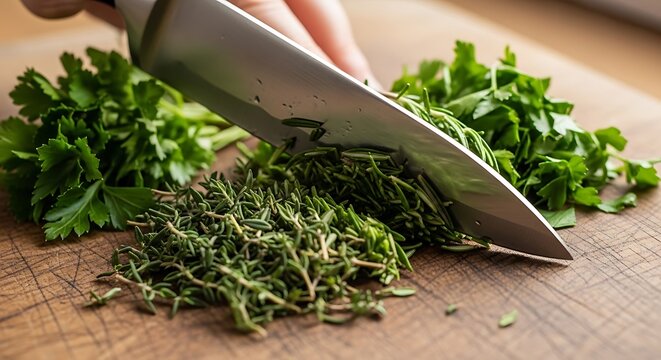 A hand chops fresh herbs on a wooden cutting board with a knife