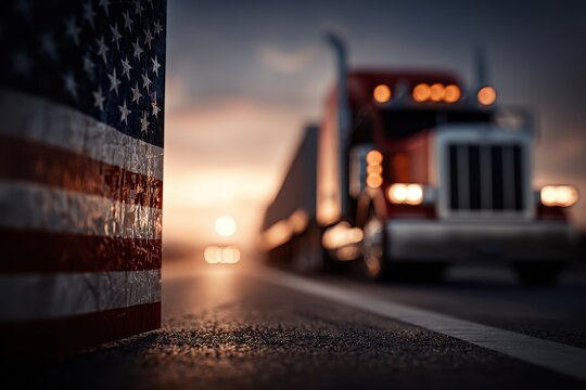 American flag on roadside with freight truck driving at sunset