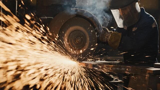 Worker sparks grinding metal with protective gear and helmet industrial workshop safety environment using machinery and steel tools for cutting bright fire equipment manufacturing close up technology