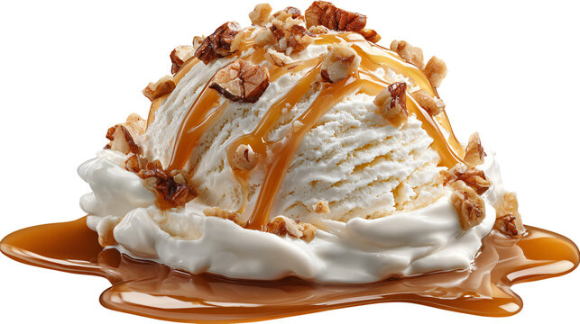 Gourmet Ice Cream Scoop with Caramel and Nuts, Isolated Background