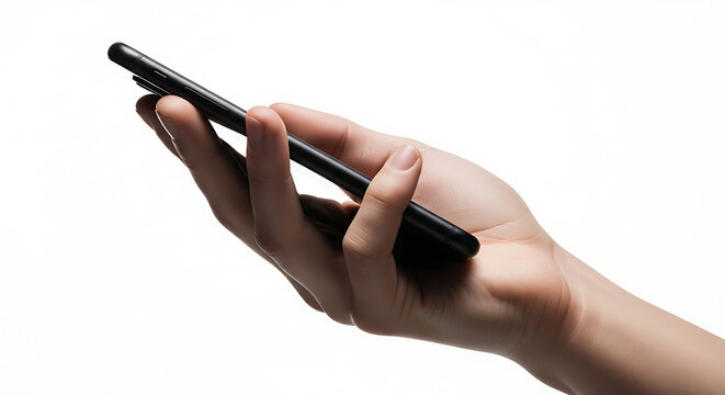 Side view of an open human hand holding a sleek black smartphone isolated on a white background.