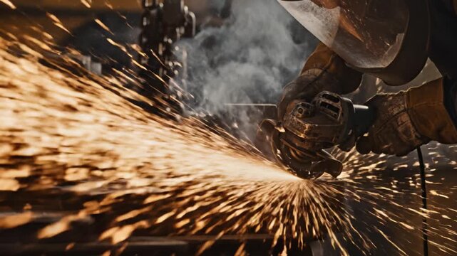 Worker sparks metal grinding in industrial workshop with protective gear including helmet and gloves close up of machinery safety and heavy equipment hand tool spark fire smoke manufacturing steel