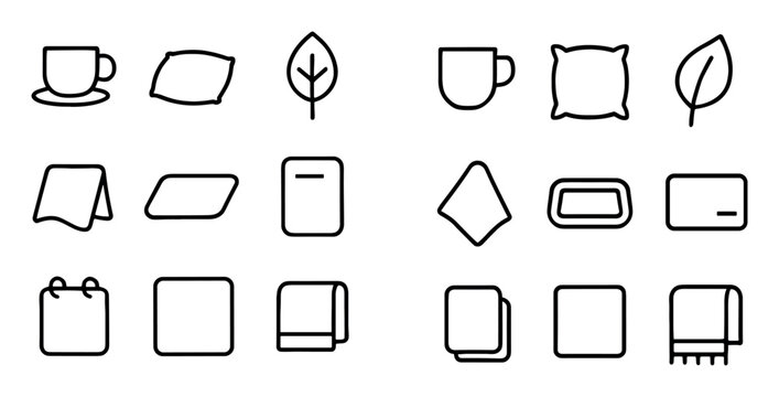 Home and nature design icons with cup, pillow and leaf for mobile app design in minimal outline style