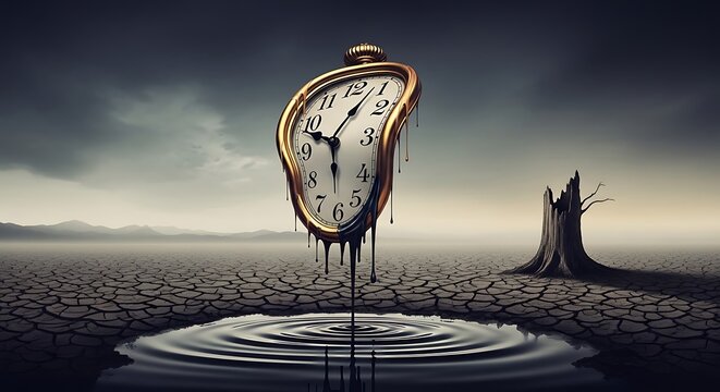 Melting clock stands still on cracked earth with dead tree nearby.