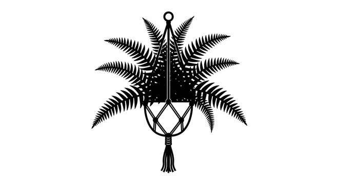 Black silhouette of a hanging fern plant in a macrame planter.