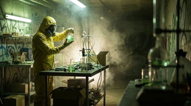 Chemical experimenter in hazmat suit holding glowing green liquid flask in smoky, clandestine laboratory, hazardous research concept.
