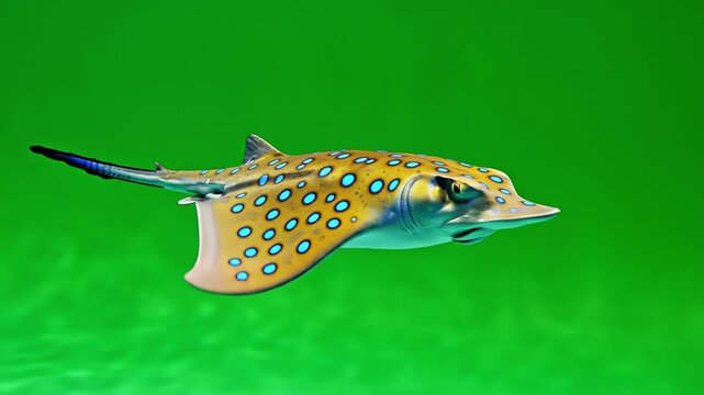 Spotted stingray and eagle ray with vibrant blue and yellow markings swimming underwater in clear green ocean showcasing detailed texture and graceful marine aquatic wildlife beauty