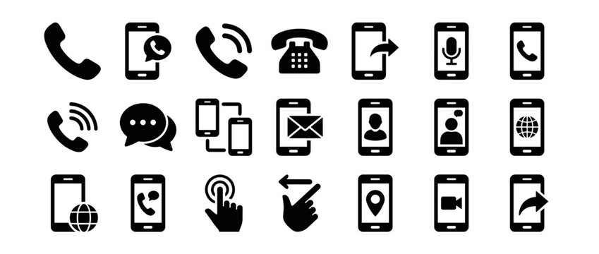 Large set of black solid communication icons representing mobile phone functions like calling, messaging, video, internet, and user interface gestures for web and app design