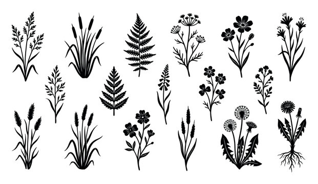 Collection of black plant and flower silhouettes featuring various wildflowers, grasses, reeds, ferns, and dandelions in a minimalist graphic vector style