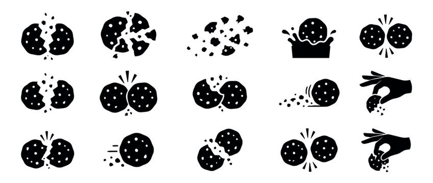 Black cookie icon set showing various actions like breaking, crumbling, dunking in milk, colliding, and being held by a hand, presented in a simple graphic silhouette style