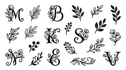 Fototapeta premium Collection of beautiful black floral alphabet letters and botanical branches with elegant hand-drawn flowers and leaves, creating a decorative set of custom monograms