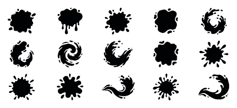 Black liquid ink splash and splatter shapes in various dynamic forms like drips, swirls, and waves, presented as a graphic collection of abstract silhouette design elements