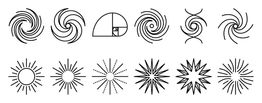 Set of black minimalist line icons featuring various abstract geometric shapes including spirals, swirls, sunbursts, stars, and the mathematical golden ratio symbol