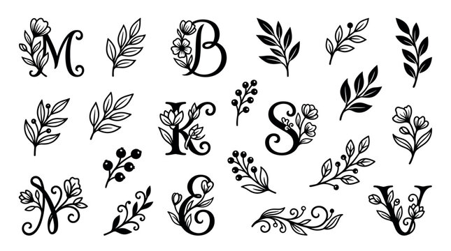 Collection of beautiful black floral alphabet letters and botanical branches with elegant hand-drawn flowers and leaves, creating a decorative set of custom monograms