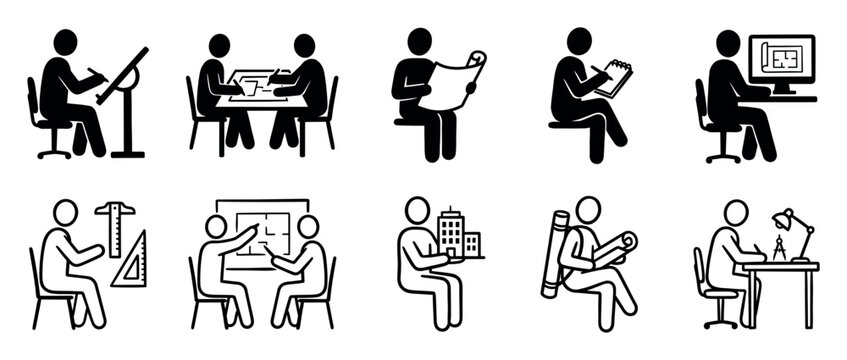 Set of black architect stick figure icons in silhouette and line art styles showing professionals drafting blueprints, planning projects, and designing on a computer