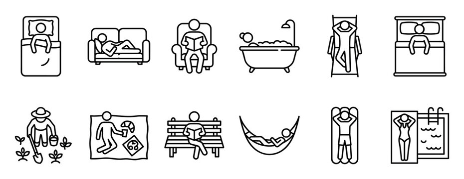 Set of black line icons showing people relaxing, sleeping, reading, bathing, gardening, and sunbathing in a simple minimalist pictogram style for lifestyle and leisure concepts