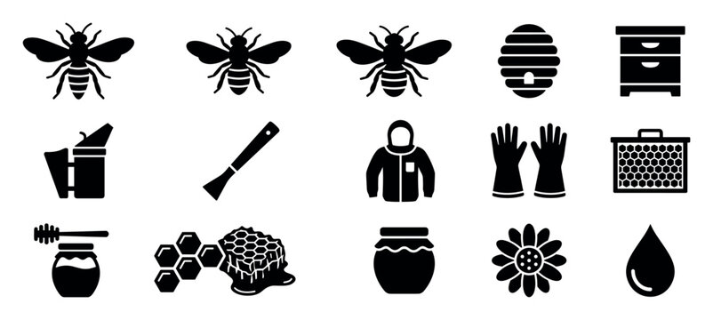 Collection of black silhouette icons for beekeeping and honey production, with symbols of a bee, beehive, honeycomb, protective suit, smoker, hive tool, and a jar of honey