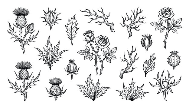 Collection of hand-drawn thistle and rose illustrations in a black and white line art style, featuring thorny branches, spiky leaves, and detailed floral elements for a gothic tattoo design