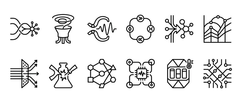 Set of black line art icons representing scientific and technological concepts like data analysis, neural networks, chemical reactions, and complex systems in a minimalist outline style