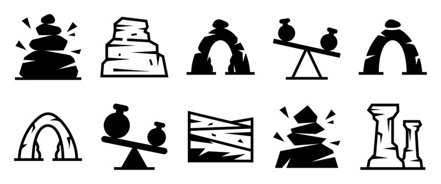 Set of black minimalist icons depicting geological formations and physics concepts, including balanced cairns, natural rock arches, collapsing stones, and weight imbalance