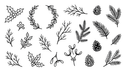 Obraz premium Hand drawn winter botanical elements collection with holly, pine cones, fir branches, and mistletoe in a simple black line art doodle style for festive holiday design