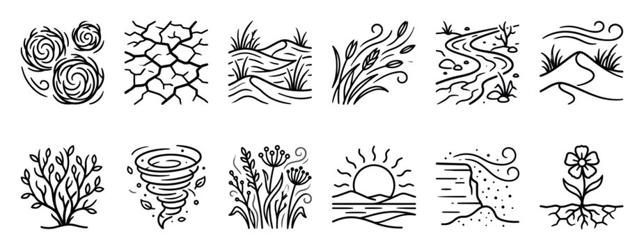 Collection of twelve black line art nature icons depicting environmental elements like a tornado, cracked earth, river, sun, and flower in a minimalist hand-drawn doodle style