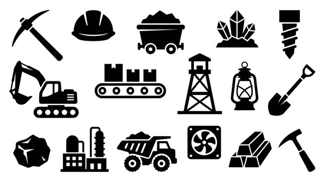 Collection of black mining industry icons featuring equipment like a dump truck and excavator, tools like a pickaxe, and resources like gold bars