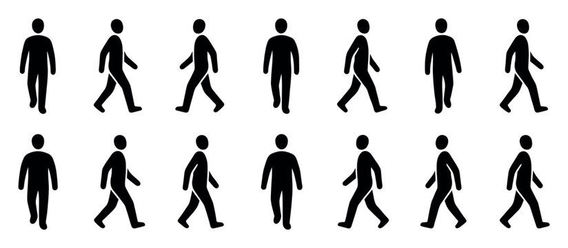 Set of black silhouette icons of a walking person showing the animation cycle and different poses from front and side views in a minimalist graphic style for infographics