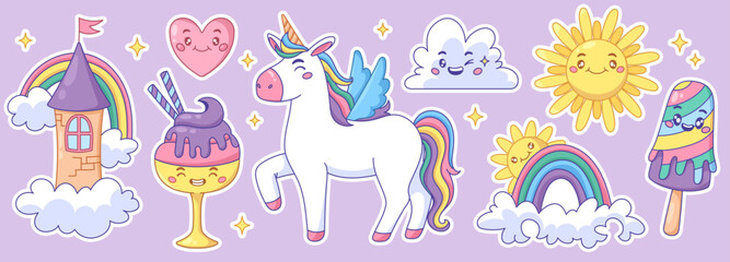 Fototapeta premium Cute cartoon unicorn sticker collection with kawaii rainbow elements and magical stars. Adorable pony character design with pastel clouds, birthday icons and sweet desserts for baby girl children.
