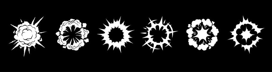 Plakat Explosive comic effect with dynamic cartoon cloud and smoke blast. Explosive burst icon of speed impact energy for game animation. Vector action shape with boom graphic, sparkle magic flash silhouette