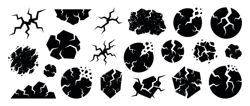 Large set of black crack silhouettes showing broken ground, shattered surfaces, and damaged earth effects in a minimalist graphic vector illustration style for destruction concepts