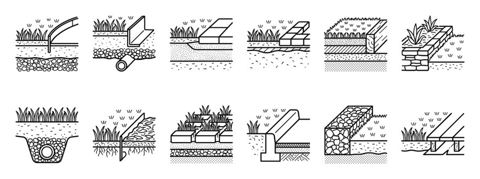Collection of black line art icons illustrating various landscape edging and garden drainage system techniques with cross-sections of soil, grass, pavers, and retaining walls