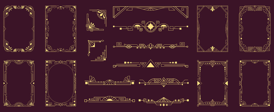 Gatsby frame with nouveau art deco border and gold ornament on elegant background. Luxury vector design with geometric lines and golden elements. Premium vintage framed template for wedding cards.