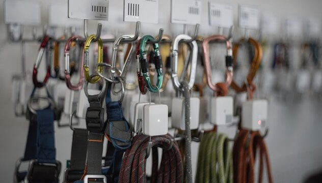 Climbing gear stored on labeled hooks with IoT sensors closely focused while the rest of the storage area remains softly blurred to emphasize smart inventory control.