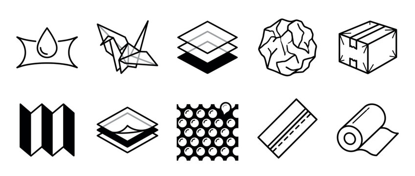 Set of ten minimalist line icons showing packaging materials and properties including waterproof fabric, origami, layers, crumpled paper, box, and bubble wrap