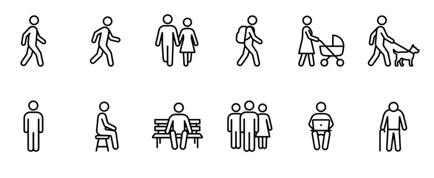 Set of black line icons depicting people in various everyday situations, showing figures walking, sitting, a couple, a parent with a stroller, and an elderly person
