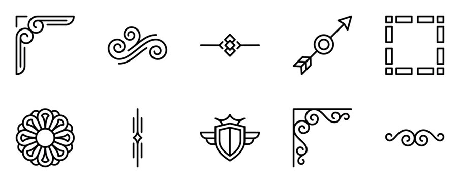 Collection of minimalist black outline design elements including ornamental corners, vintage dividers, a shield emblem, a floral symbol, and a geometric frame