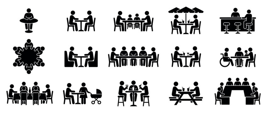 Black pictogram icon set of people sitting at tables for dining, meetings, and socializing, showing diverse groups in restaurants, cafes, bars, and offices in a simple graphic style