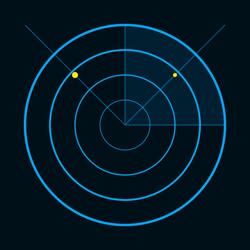 Digital sonar screen scanning deep ocean with blue concentric circles and bright yellow targets illustration
