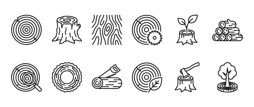 Set of wood and timber line icons representing forestry, logging, and carpentry with minimalist symbols of tree stumps, logs, growth rings, saws, an axe, and a sapling