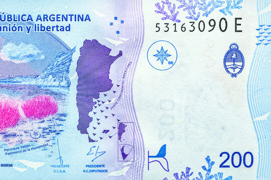Argentina 200 Pesos 2020.Obverse-Southern right whale (Eubalaena australis), flowers.Reverse-Vald&eacute;s Peninsula, map of Argentina.World money collection.Bonistics.Fragment for design purpose.