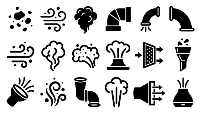 Black glyph icon set representing air quality, dust, smoke, and ventilation systems with pictograms for filters, pipes, and diffusers in a simple minimalist style