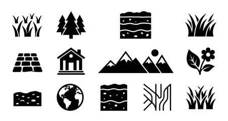 Obraz premium Set of twelve black nature and environment icons including grass, trees, soil layers, mountains, a house, and the planet Earth, presented in a simple flat glyph style