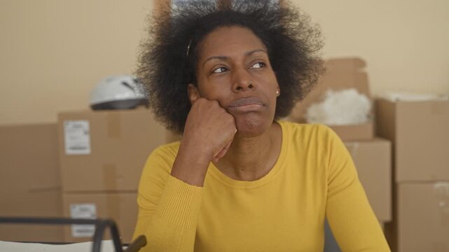 Woman with laptop and parcels resting chin on hand in building, surrounded by stacked cardboard boxes and mail trays; small business frustration.