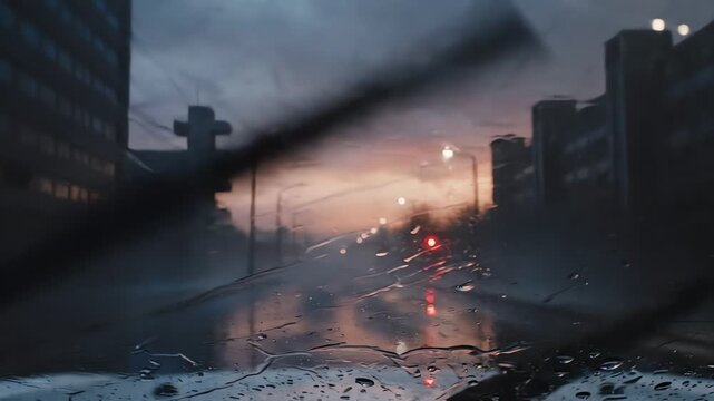 Windshield wipers clearing rain from car window at sunset