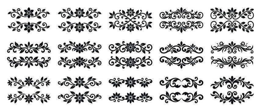 Large collection of black floral dividers and ornamental design elements with vintage swirls, leaves, and flowers for elegant graphic design and calligraphic decoration