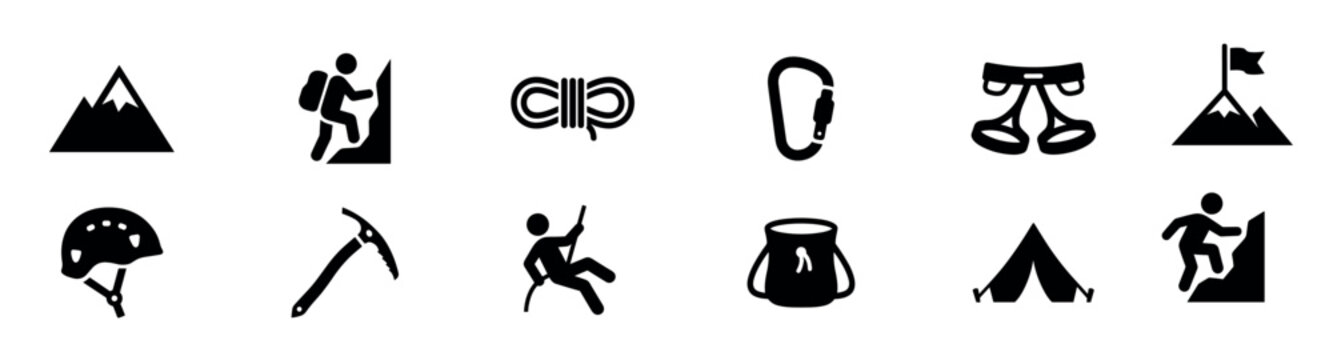 Set of black glyph icons for mountaineering and rock climbing showing equipment like a rope, carabiner, harness, and helmet for outdoor adventure and alpinism
