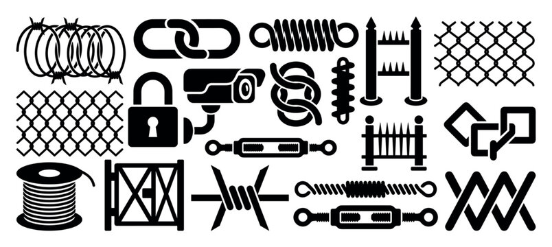 Collection of black security and fencing icons including barbed wire, a padlock, a surveillance camera, and chain link elements, representing protection and boundaries