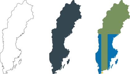 Sweden map vector illustration set featuring line outline solid silhouette and national flag colors for scandinavian design themes © md siam ali 