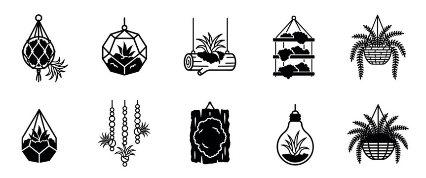 Collection of black houseplant icons showing various hanging plants, terrariums, and macrame holders in a minimalist glyph style for home decor and gardening concepts